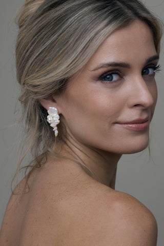 Genevieve pearl earrings worn with modern bridal styling